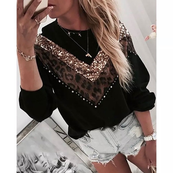 HP✨ONE WORLD✨SEQUINS & LEOPARD LIGHTWEIGHT SWEATER - Picture 3 of 7